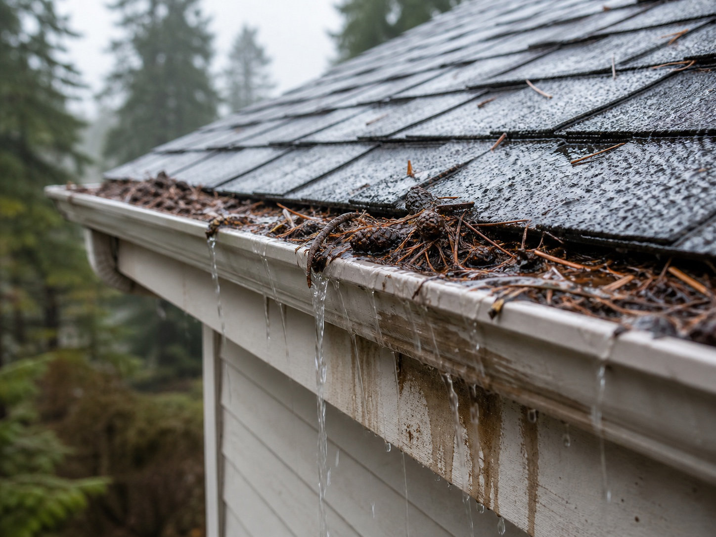 Clogged gutter overflowing onto a stained fascia board on a North Idaho home