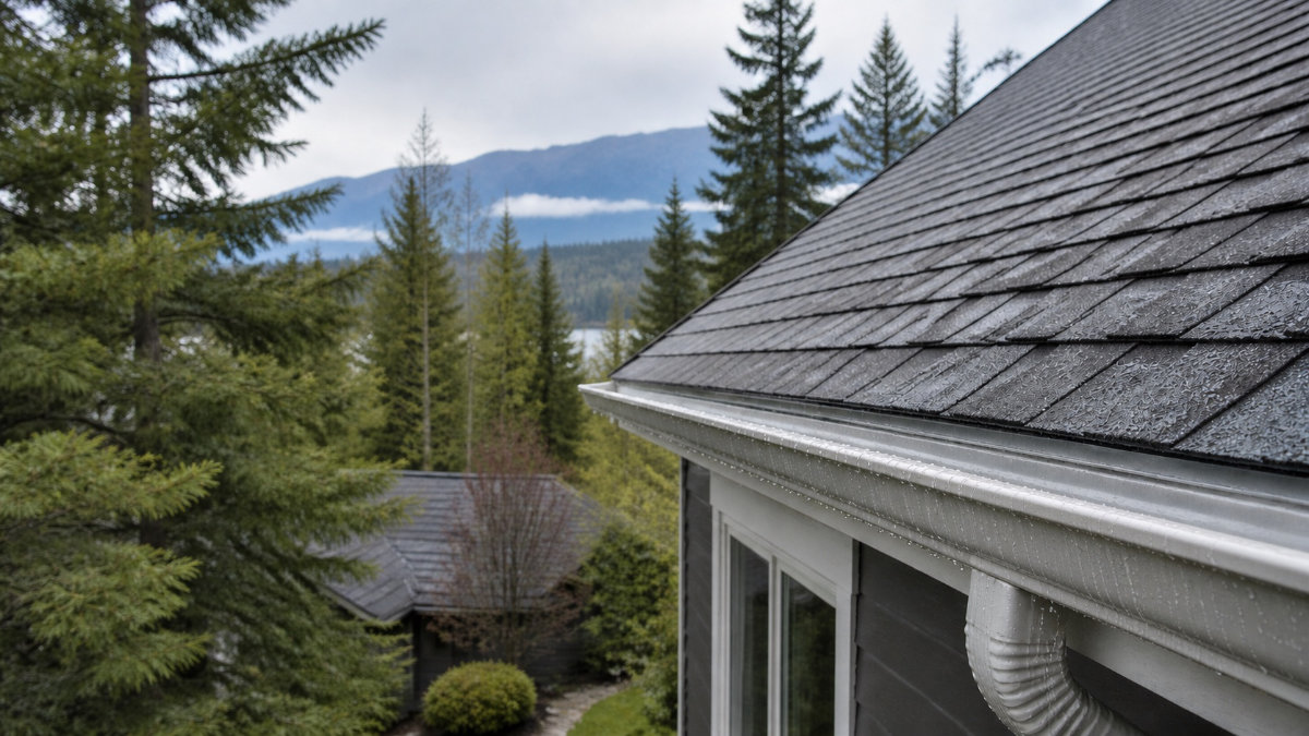 Gutter technician clearing pine needles and debris from gutters on a North Idaho home